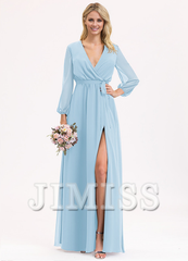 A-Line V-Neck Floor Length Chiffon Bow Pleated Bridesmaids Dress