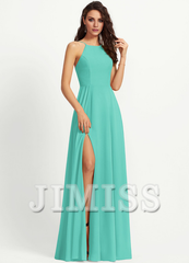 A-line low round neck floor down chiffon bridesmaid dress