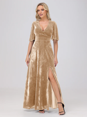 A-line V-neck short sleeved slit velvet and floor length bridesmaid dress