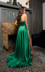 Hanging neck collar deep V-neck side slit and floor length evening gown