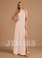 A-line high neck floor length chiffon bridesmaid dress