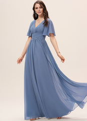 Ruffled A-line V-neck Floor-length Chiffon Bridesmaids Dress