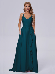 Elegant shoulder strap chiffon and floor length bridesmaid dress