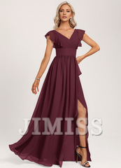 Ruffled A-line V-neck Floor-length Chiffon Bridesmaids Dress