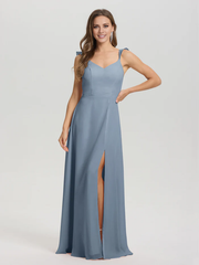 V-neck shoulder strap tied chiffon slit and floor length bridesmaid dress