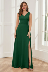 V-neck sleeveless chiffon side slit and floor length bridesmaid dress
