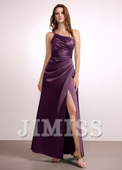 A-line one-shoulder floor-length satin bridesmaid dress