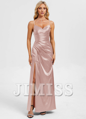 Bodycon straight V-neck floor-length pleated satin prom dress
