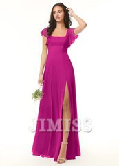 A-line pleated chiffon backless side slit and floor length bridesmaid dress - Jimiss Dress
