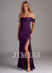 Off Shoulder Side Split Satin and Floor length Bridesmaid Dress - Jimiss Dress