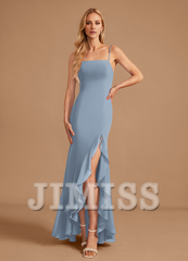 Trumpet Fishtail Square Floor Length Chiffon Ruffle Bridesmaid Dress