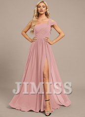 A-line off-the-shoulder one-shoulder floor-length chiffon pleated evening gown