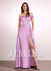 A-Line Off-The-Shoulder Floor-Length Satin Bridesmaids Dress