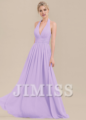 Ruffled A-Line Halter Neck Floor Length Chiffon Bridesmaids Dress
