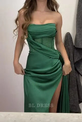 Sheath Strapless Beads Long Slit Green formal dresses Bridesmaid Dresses evening gown Prom Dress