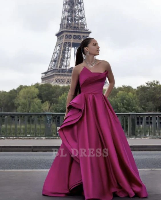 A-line Sweetheart Pink Satin Long formal dresses Bridesmaid Dresses evening gown Prom Dress With Ruffles