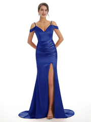 Sexy off shoulder soft satin side slit long fish tail bridesmaid dress