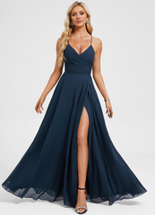 A-line V-neck pleated floor-length chiffon prom dress