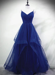 Blue A-line Straps Tulle Layers Long Party Dress Long Prom Dress Elegant Evening Dress Wholesale