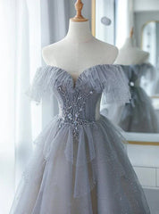 A-Line Princess Grey Beaded Layers Glitter Tulle Long Formal Dress Off Shoulder Prom Dress