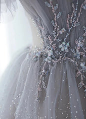 A-Line Princess Grey Beaded Layers Glitter Tulle Long Formal Dress Off Shoulder Prom Dress