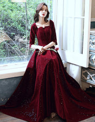 Wine Red Velvet Short Sleeves Long Formal Dress, A-line Wine Red Prom Dress