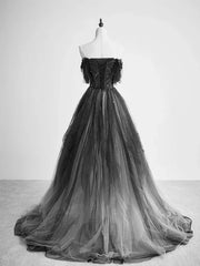 A-Line Black Tulle Ballgown Long Party Dress Beadings Evening Dress Prom Dress
