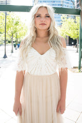 Long A-line Cold Sleeves White and Beige Wedding Dress