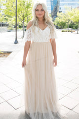 Long A-line Cold Sleeves White and Beige Wedding Dress