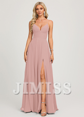 A-line V-neck pleated floor-length chiffon prom dress