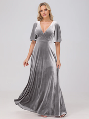 A-line V-neck short sleeved velvet and floor length bridesmaid dress