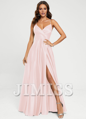 A-line V-neck floor-length satin prom dress