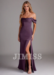 Off Shoulder Side Split Satin and Floor length Bridesmaid Dress - Jimiss Dress