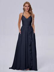Elegant shoulder strap chiffon and floor length bridesmaid dress