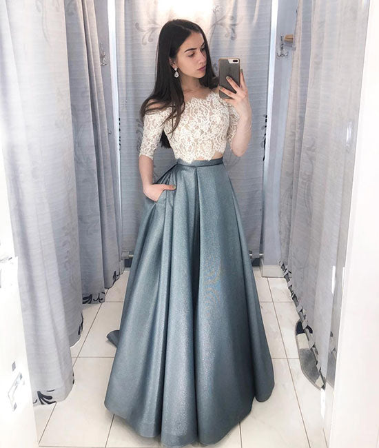 Unique lace two pieces long prom dress, lace evening dress