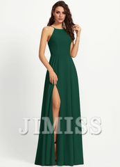 A-line low round neck floor down chiffon bridesmaid dress