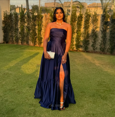 A Line Strapless Satin formal dresses Bridesmaid Dresses evening gown Prom Dress With Split