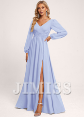 Ruffled A-line V-neck Floor-length Chiffon Bridesmaids Dress
