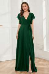 V-neck ruffled sleeve chiffon slit and floor length bridesmaid dress