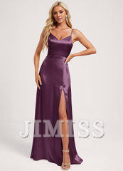 A-line V-neck floor-length satin bow bridesmaid dress