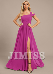 A-line off-the-shoulder one-shoulder floor-length chiffon pleated evening gown
