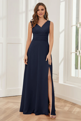 V-neck sleeveless chiffon side slit and floor length bridesmaid dress