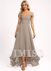 A-line off-shoulder asymmetric chiffon bridesmaid dress