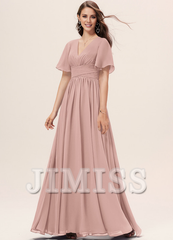 Ruffled A-line V-neck Floor-length Chiffon Bridesmaids Dress