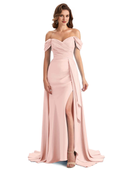 Sexy side slit mermaid soft satin off shoulder long unique bridesmaid dress