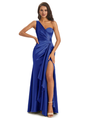 Elegant and soft satin side slit one shoulder unique fish tail bridesmaid dress
