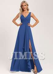 Ruffled A-line V-neck Floor-length Chiffon Bridesmaids Dress