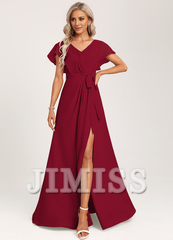 Ruffled A-line V-neck Floor-length Chiffon Bridesmaids Dress