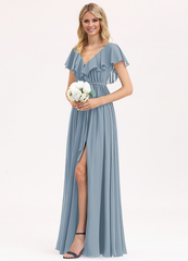 A-line V-neck floor-length chiffon bow tiered ruffle bridesmaid dress