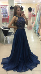 Dark blue beads chiffon A-line long prom dress, blue evening dress